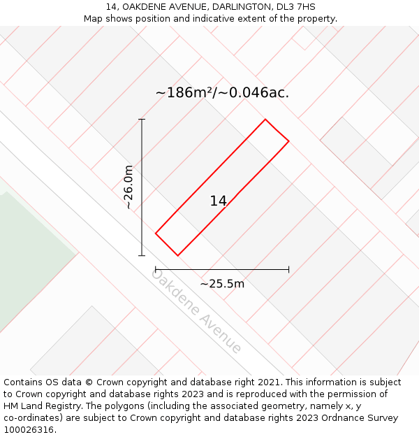 14, OAKDENE AVENUE, DARLINGTON, DL3 7HS: Plot and title map