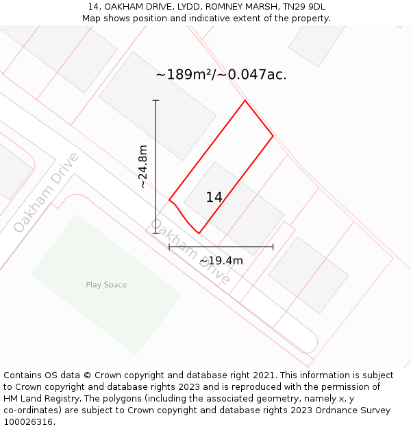 14, OAKHAM DRIVE, LYDD, ROMNEY MARSH, TN29 9DL: Plot and title map