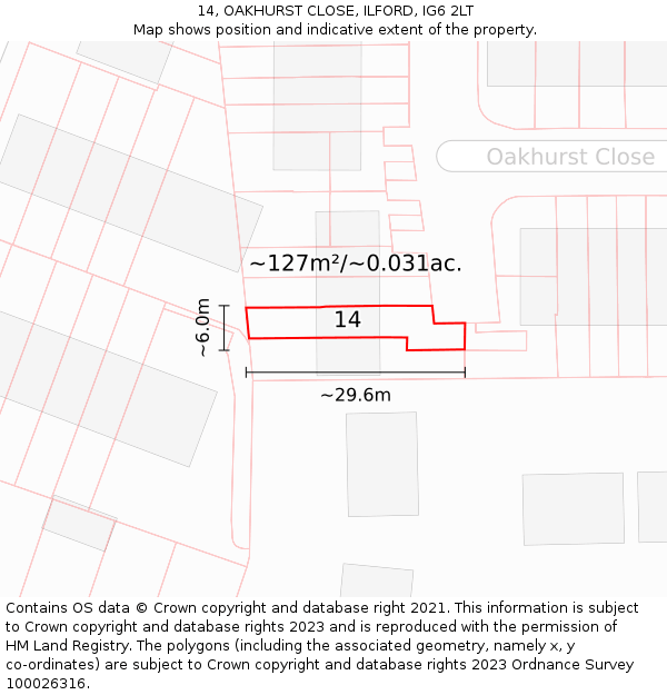 14, OAKHURST CLOSE, ILFORD, IG6 2LT: Plot and title map