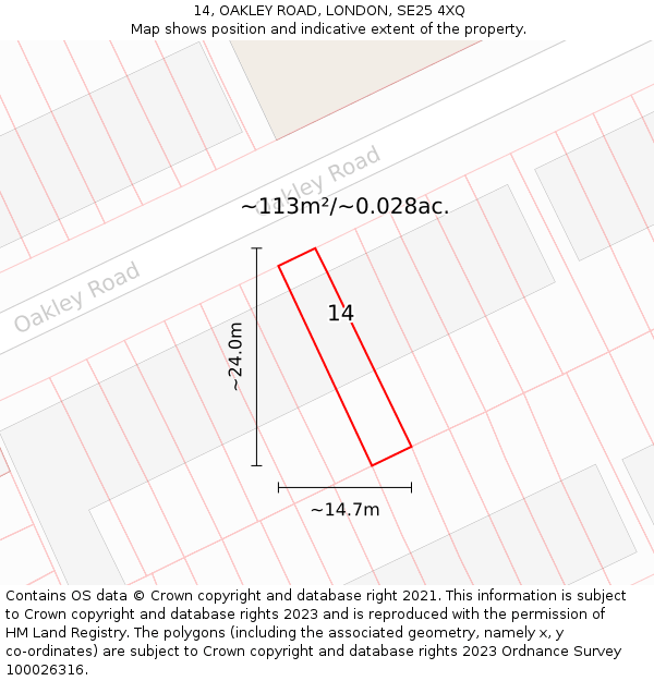 14, OAKLEY ROAD, LONDON, SE25 4XQ: Plot and title map
