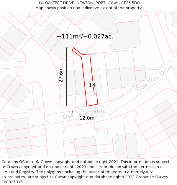 14, OAKTREE DRIVE, NEWTON, PORTHCAWL, CF36 5BQ: Plot and title map