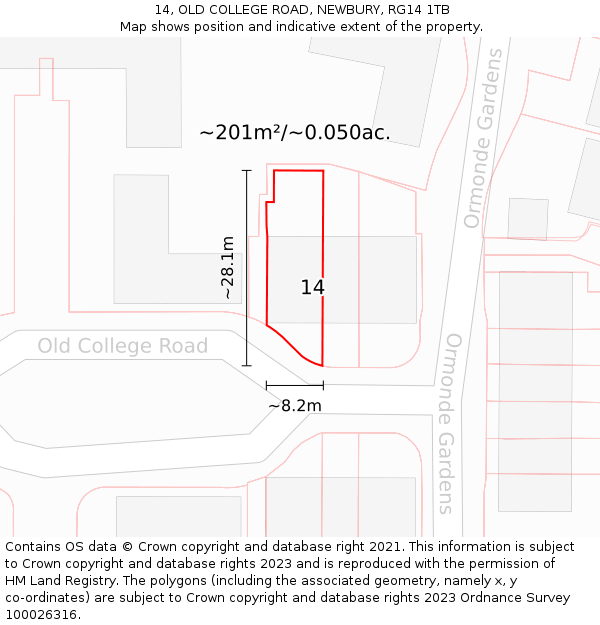 14, OLD COLLEGE ROAD, NEWBURY, RG14 1TB: Plot and title map