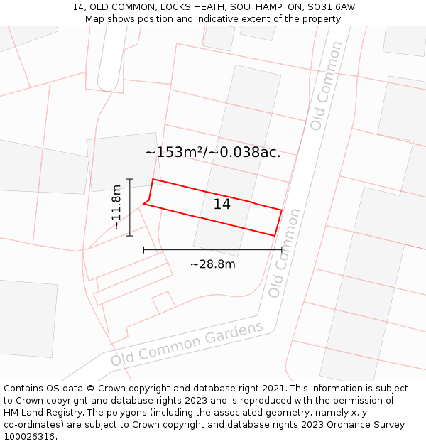 14, OLD COMMON, LOCKS HEATH, SOUTHAMPTON, SO31 6AW: Plot and title map