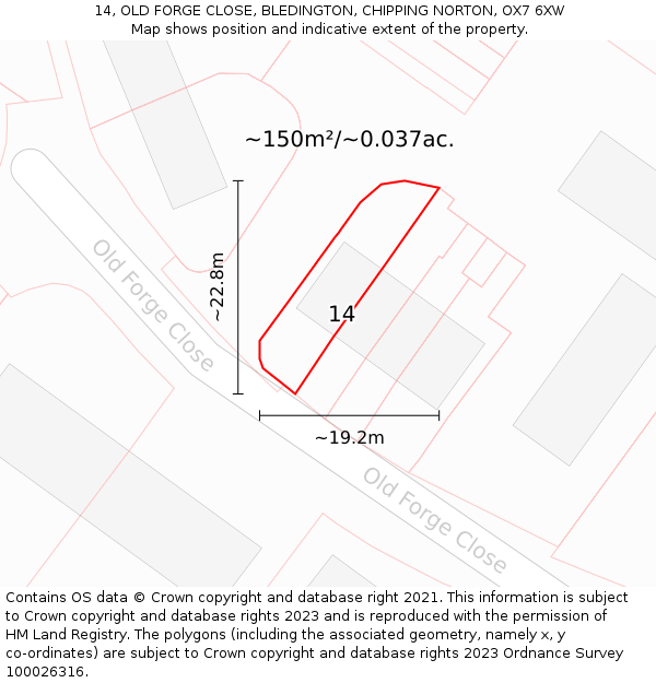 14, OLD FORGE CLOSE, BLEDINGTON, CHIPPING NORTON, OX7 6XW: Plot and title map