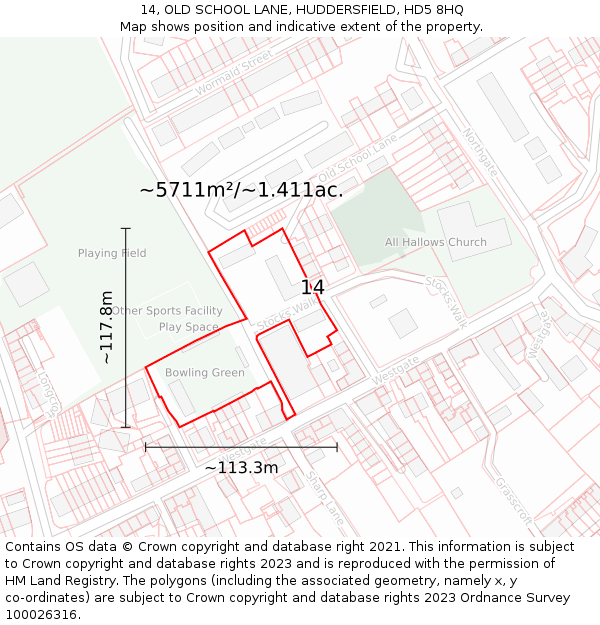 14, OLD SCHOOL LANE, HUDDERSFIELD, HD5 8HQ: Plot and title map