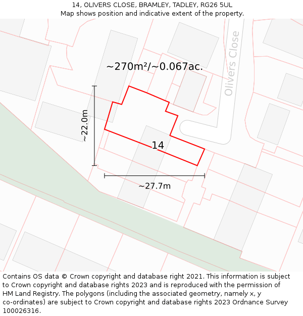 14, OLIVERS CLOSE, BRAMLEY, TADLEY, RG26 5UL: Plot and title map