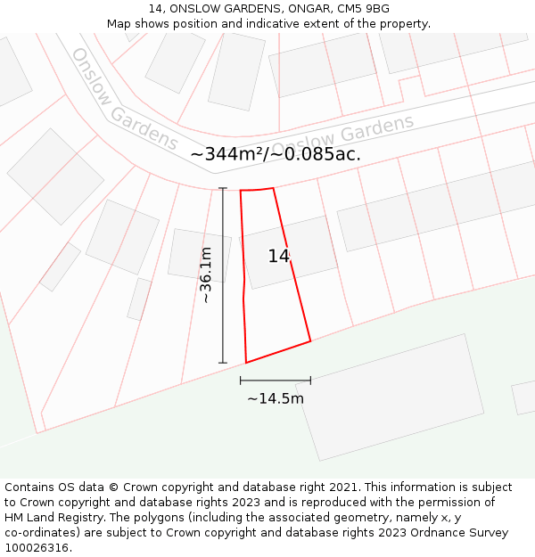 14, ONSLOW GARDENS, ONGAR, CM5 9BG: Plot and title map