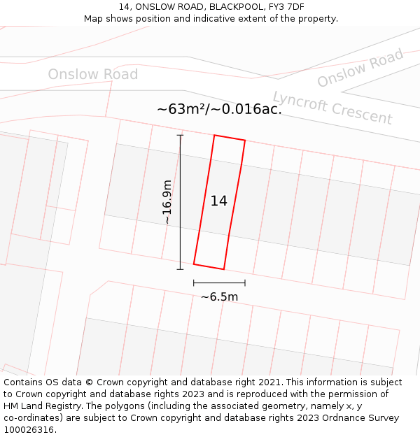 14, ONSLOW ROAD, BLACKPOOL, FY3 7DF: Plot and title map