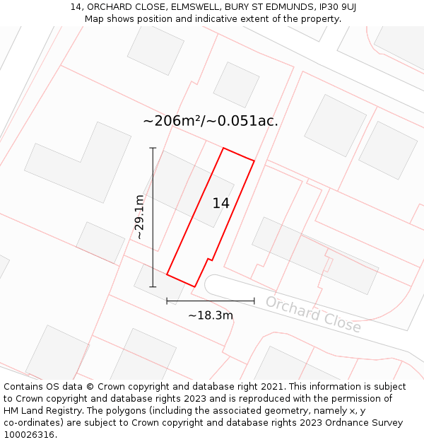 14, ORCHARD CLOSE, ELMSWELL, BURY ST EDMUNDS, IP30 9UJ: Plot and title map