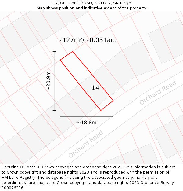 14, ORCHARD ROAD, SUTTON, SM1 2QA: Plot and title map
