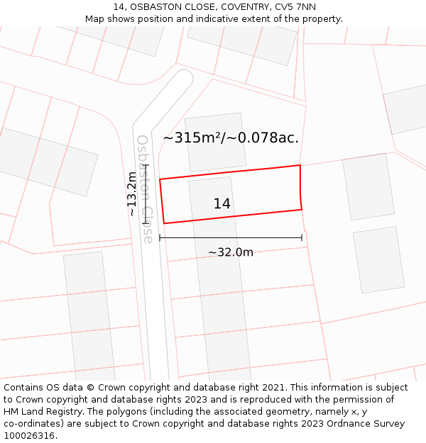 14, OSBASTON CLOSE, COVENTRY, CV5 7NN: Plot and title map