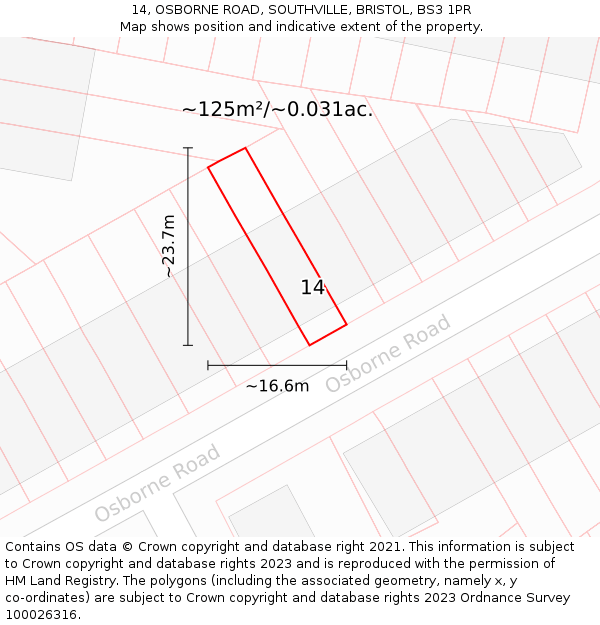 14, OSBORNE ROAD, SOUTHVILLE, BRISTOL, BS3 1PR: Plot and title map