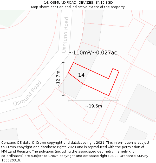 14, OSMUND ROAD, DEVIZES, SN10 3GD: Plot and title map