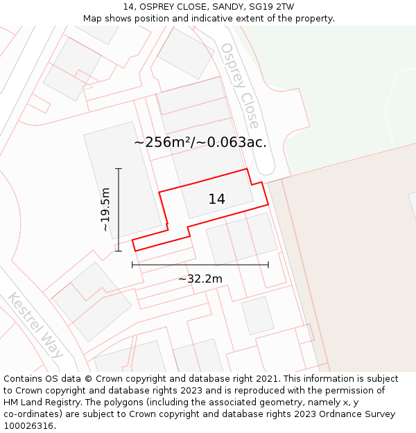 14, OSPREY CLOSE, SANDY, SG19 2TW: Plot and title map