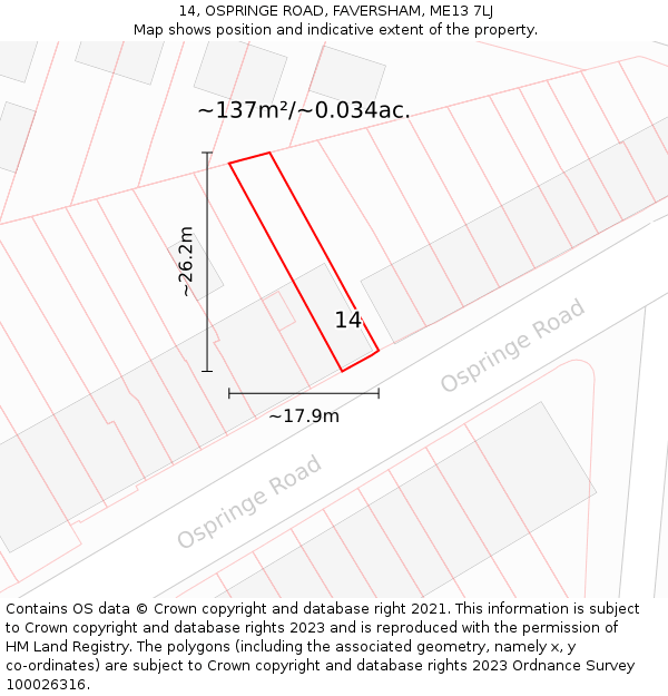 14, OSPRINGE ROAD, FAVERSHAM, ME13 7LJ: Plot and title map