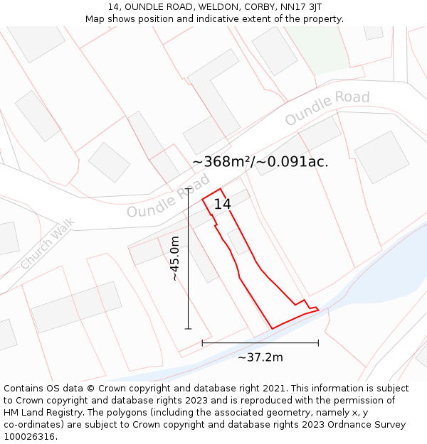 14, OUNDLE ROAD, WELDON, CORBY, NN17 3JT: Plot and title map