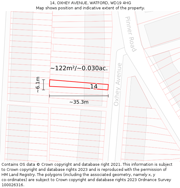 14, OXHEY AVENUE, WATFORD, WD19 4HG: Plot and title map