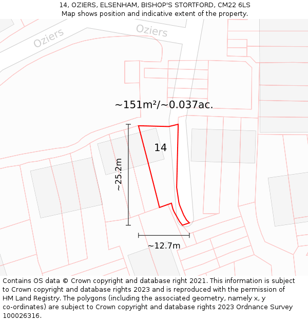 14, OZIERS, ELSENHAM, BISHOP'S STORTFORD, CM22 6LS: Plot and title map