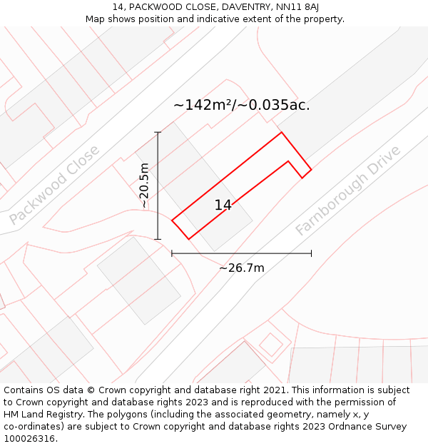 14, PACKWOOD CLOSE, DAVENTRY, NN11 8AJ: Plot and title map