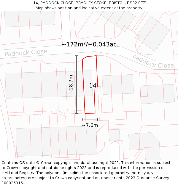 14, PADDOCK CLOSE, BRADLEY STOKE, BRISTOL, BS32 0EZ: Plot and title map