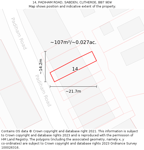 14, PADIHAM ROAD, SABDEN, CLITHEROE, BB7 9EW: Plot and title map