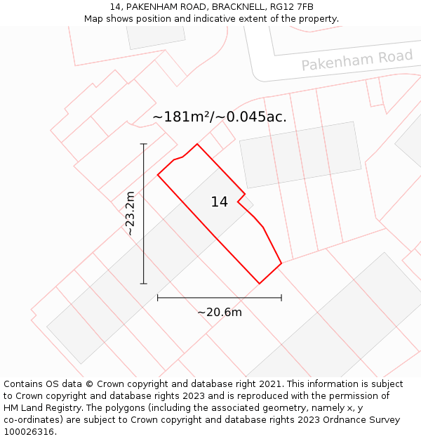 14, PAKENHAM ROAD, BRACKNELL, RG12 7FB: Plot and title map