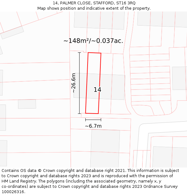 14, PALMER CLOSE, STAFFORD, ST16 3RQ: Plot and title map