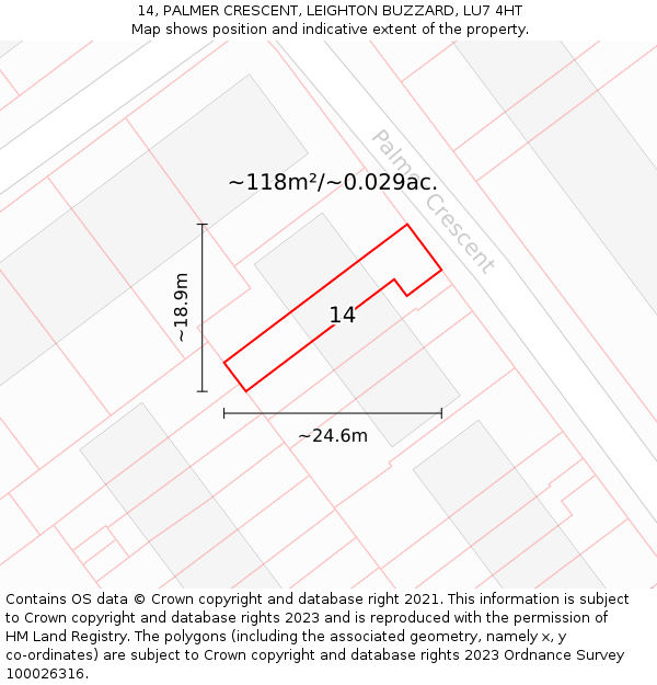 14, PALMER CRESCENT, LEIGHTON BUZZARD, LU7 4HT: Plot and title map