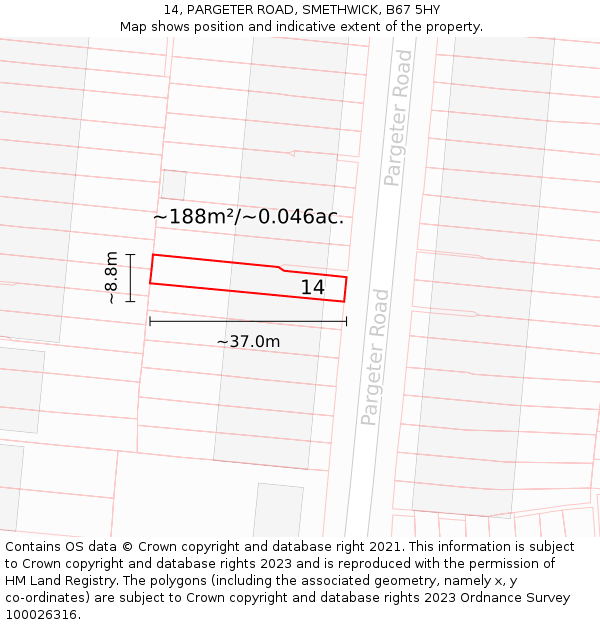 14, PARGETER ROAD, SMETHWICK, B67 5HY: Plot and title map