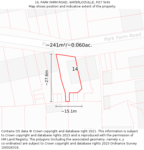 14, PARK FARM ROAD, WATERLOOVILLE, PO7 5HN: Plot and title map