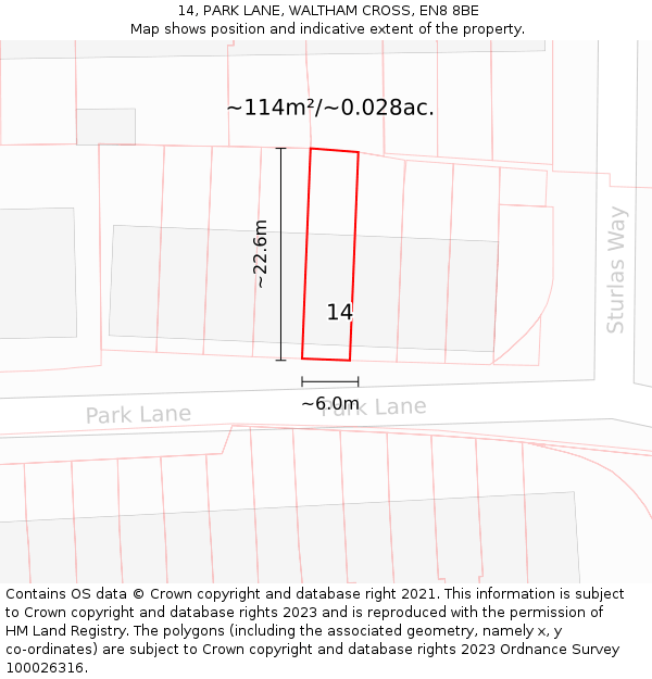14, PARK LANE, WALTHAM CROSS, EN8 8BE: Plot and title map