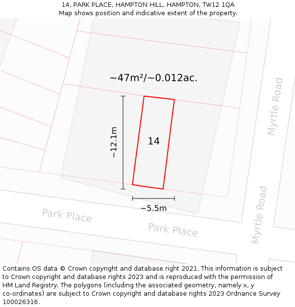 14, PARK PLACE, HAMPTON HILL, HAMPTON, TW12 1QA: Plot and title map