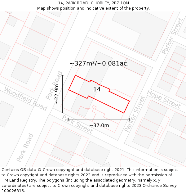 14, PARK ROAD, CHORLEY, PR7 1QN: Plot and title map