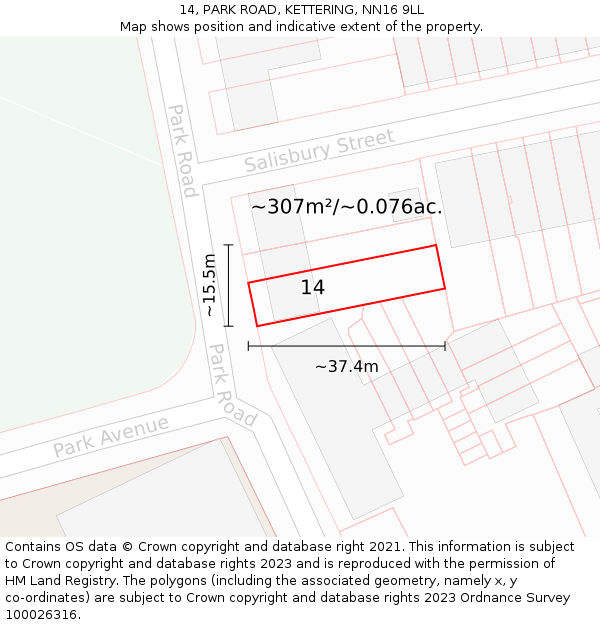 14, PARK ROAD, KETTERING, NN16 9LL: Plot and title map