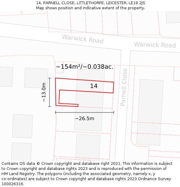 14, PARNELL CLOSE, LITTLETHORPE, LEICESTER, LE19 2JS: Plot and title map