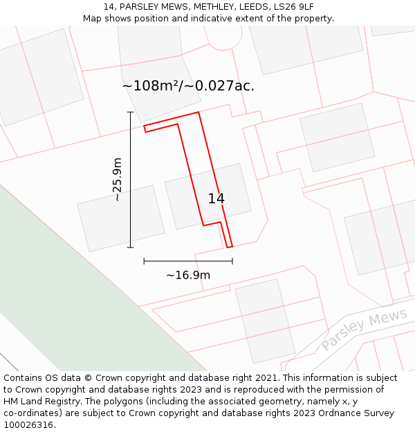 14, PARSLEY MEWS, METHLEY, LEEDS, LS26 9LF: Plot and title map
