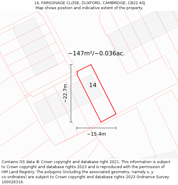 14, PARSONAGE CLOSE, DUXFORD, CAMBRIDGE, CB22 4SJ: Plot and title map