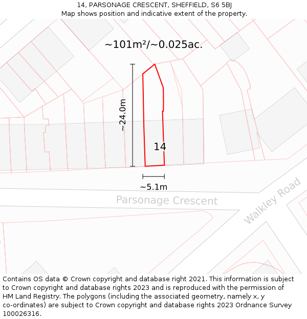 14, PARSONAGE CRESCENT, SHEFFIELD, S6 5BJ: Plot and title map