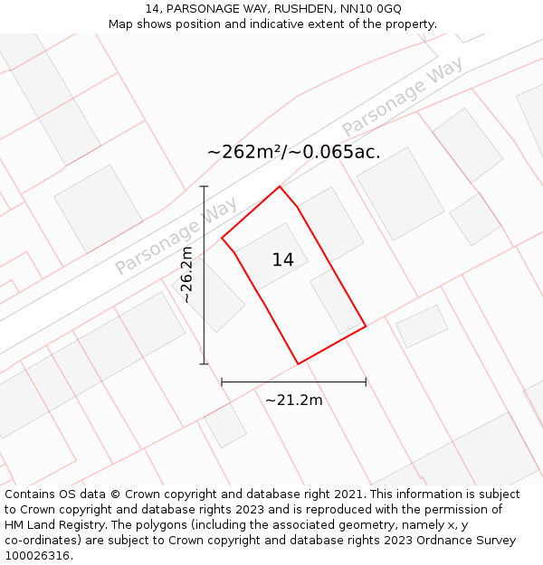 14, PARSONAGE WAY, RUSHDEN, NN10 0GQ: Plot and title map