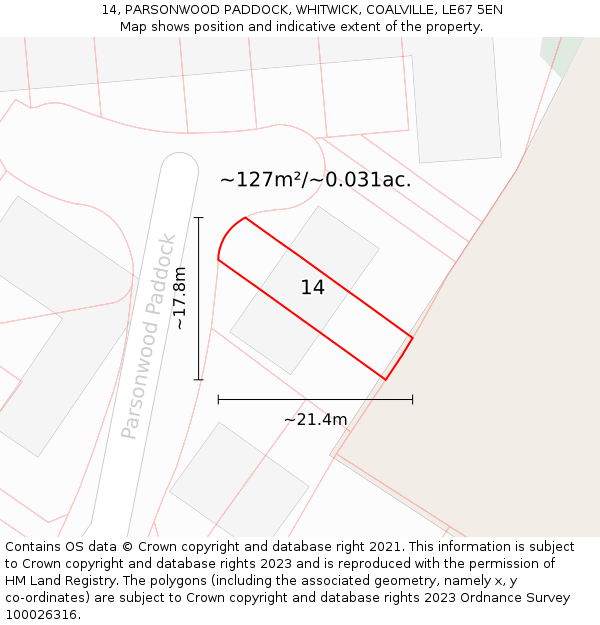 14, PARSONWOOD PADDOCK, WHITWICK, COALVILLE, LE67 5EN: Plot and title map