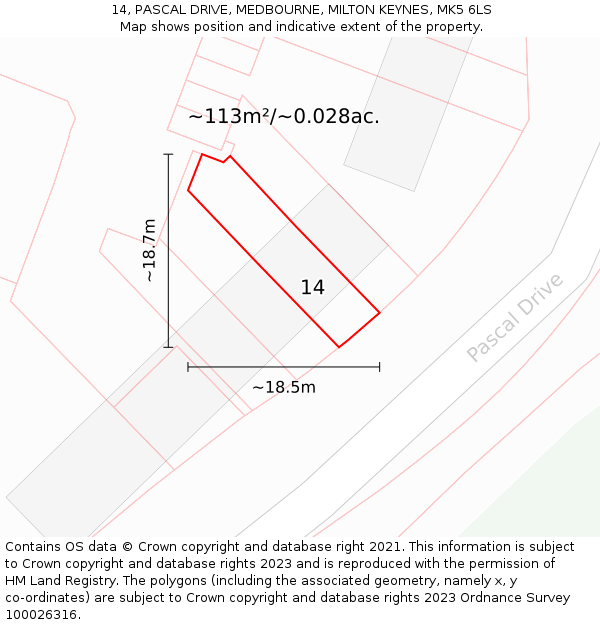14, PASCAL DRIVE, MEDBOURNE, MILTON KEYNES, MK5 6LS: Plot and title map
