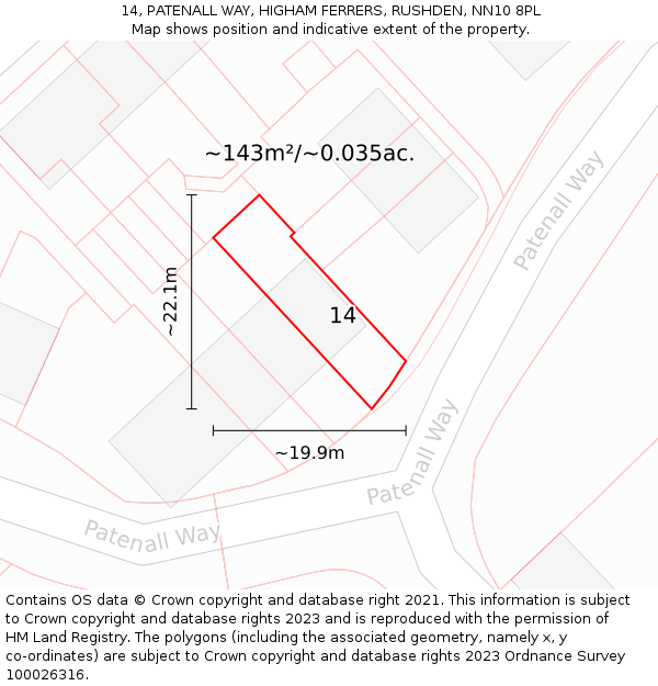 14, PATENALL WAY, HIGHAM FERRERS, RUSHDEN, NN10 8PL: Plot and title map