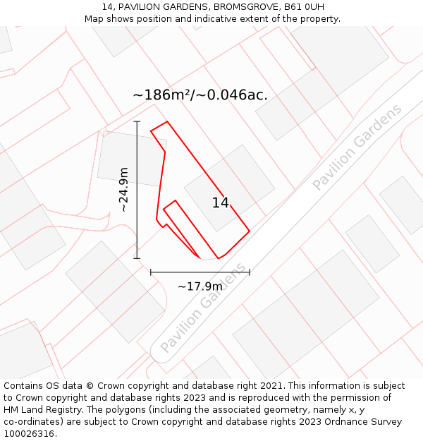 14, PAVILION GARDENS, BROMSGROVE, B61 0UH: Plot and title map