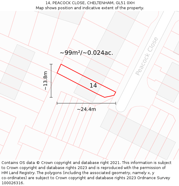 14, PEACOCK CLOSE, CHELTENHAM, GL51 0XH: Plot and title map