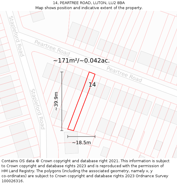 14, PEARTREE ROAD, LUTON, LU2 8BA: Plot and title map