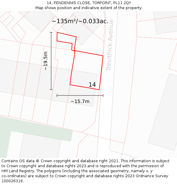 14, PENDENNIS CLOSE, TORPOINT, PL11 2QY: Plot and title map