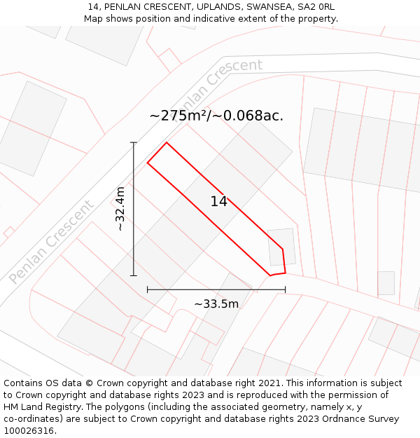 14, PENLAN CRESCENT, UPLANDS, SWANSEA, SA2 0RL: Plot and title map
