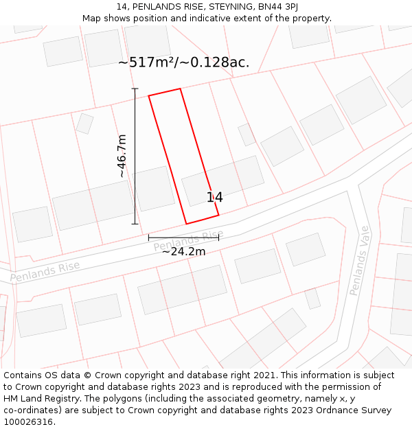 14, PENLANDS RISE, STEYNING, BN44 3PJ: Plot and title map