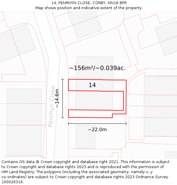 14, PENRHYN CLOSE, CORBY, NN18 8PR: Plot and title map
