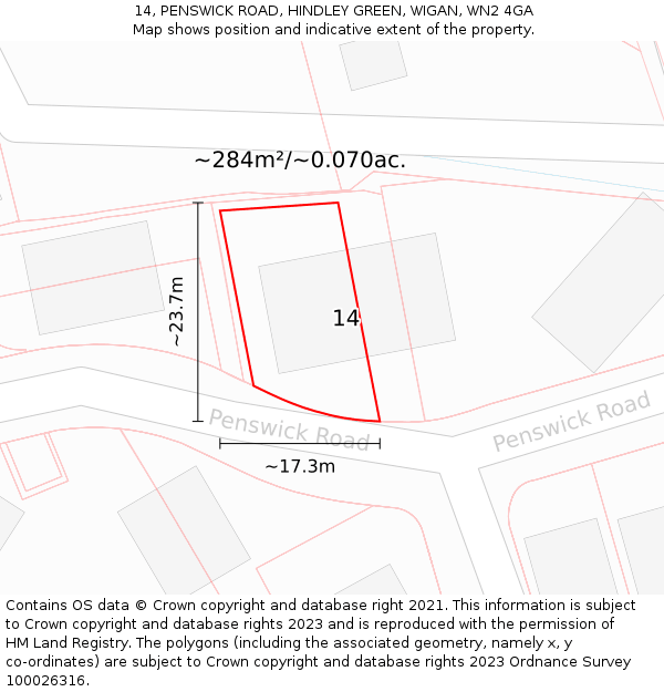 14, PENSWICK ROAD, HINDLEY GREEN, WIGAN, WN2 4GA: Plot and title map